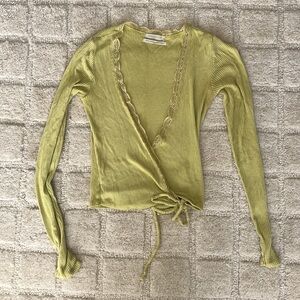 Urban Outfitters Lace Trimmed Ribbed Long Sleeve Wrap Top - Lime Green
